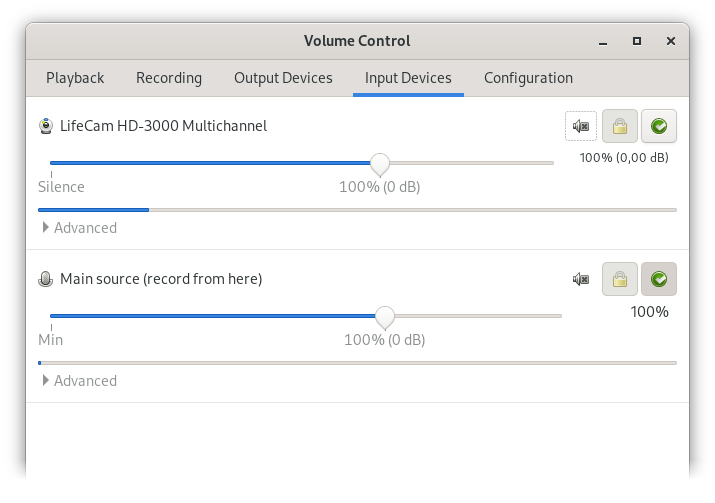 PulseAudio Volume Control: EchoCancellation preset, input devices view, devices active